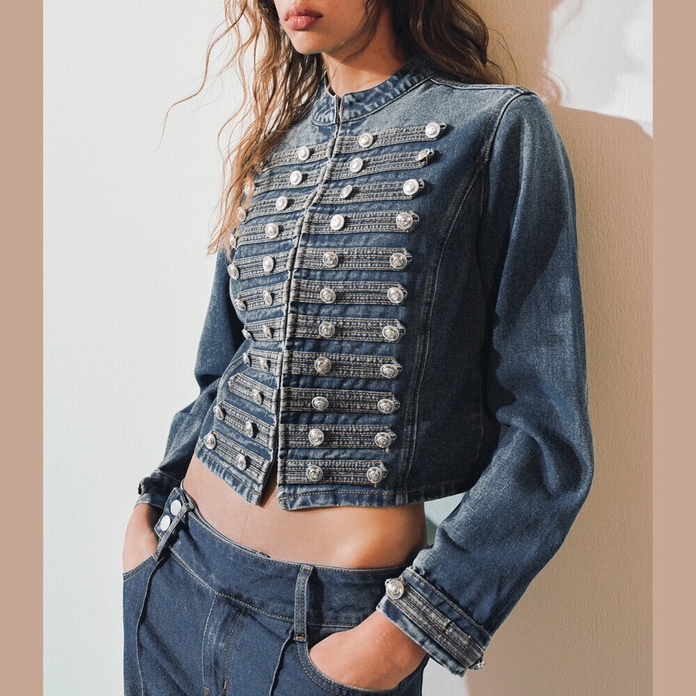 Washed Blue Denim Military Band Cropped Jacket with Silver Hardware